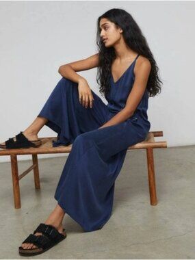 Lunya Washable Silk Elastic Strap Jumpsuit Deep Blue S